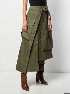 Olive Utility Wrap Midi Skirt